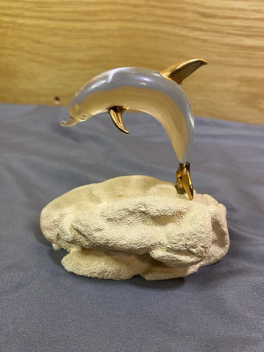 Vintage Dolphin Sculpture Statue with Gold Accents on Coral Base